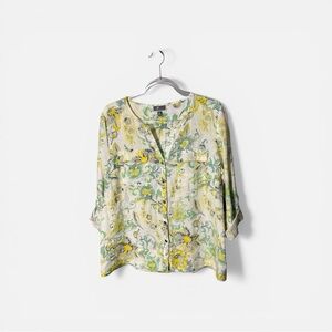 JM Collection Yellow White Floral 100% Linen Roll Tab Sleeve Button Top Sz 8